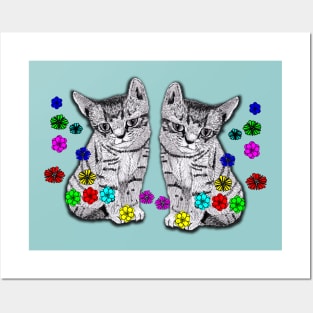 Kittens in Ink and Digital Flowers Posters and Art